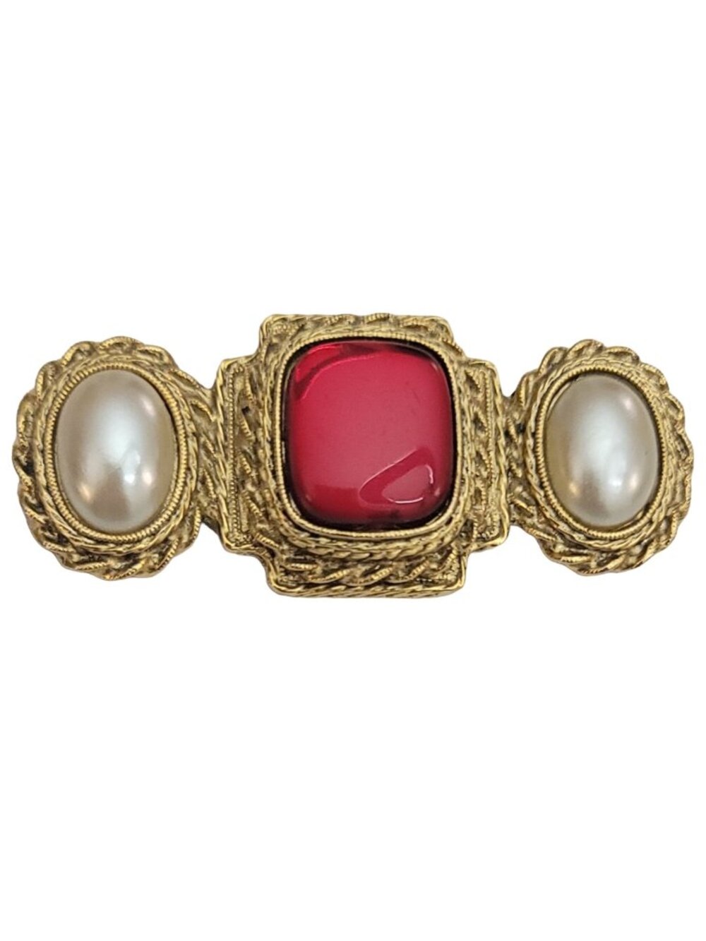 1928 Gold Tone Red Lucite Faux Pearl Bar Brooch Pin, M373